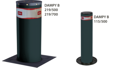 BFT DAMPY B 115/500 Halfautomatische gasveer bollard met een diameter van 114 mm en een hoogte van 500 mm.