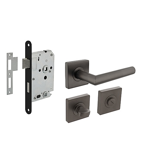 Intersteel deurbeslag set toiletslot met deurkruk Bastian vierkant en WC-sluiting antraciet grijs