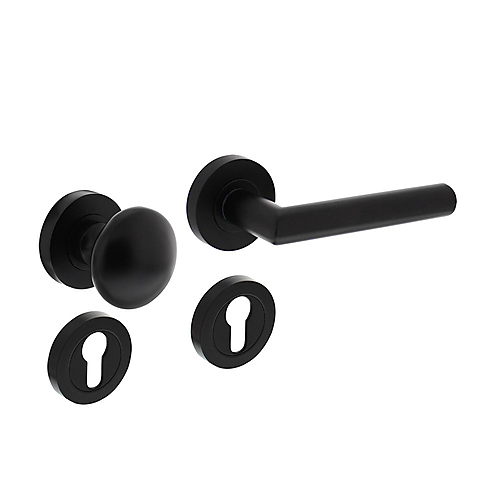 Intersteel knop/kruk garnituur Bastian op rozet ø52x10mm en cilinderrozet zwart